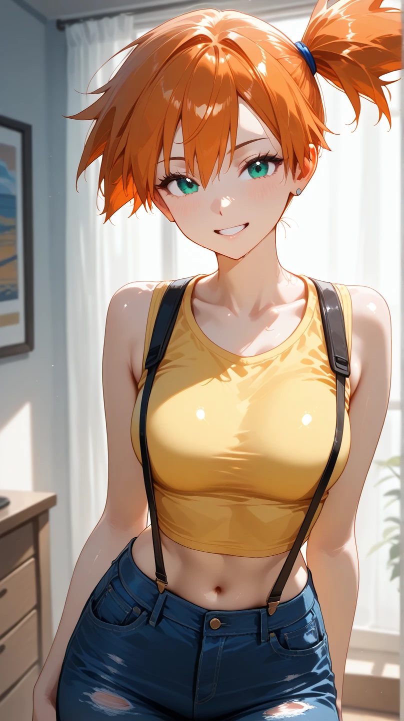 1girl, solo, Flipped-Out Bob, orange hair, yellow eyes, short hair, looking at viewers, black t shirt v neck, best quality, highly quality, big fore head, smiling, Masterpiece, beautiful art, professional artist, 8k, very detailed face, very detailed hair, jeans, cleavage, cute smile, upper body, cowboy shot, medium breast, frekles, Anime style, simple backgrownd