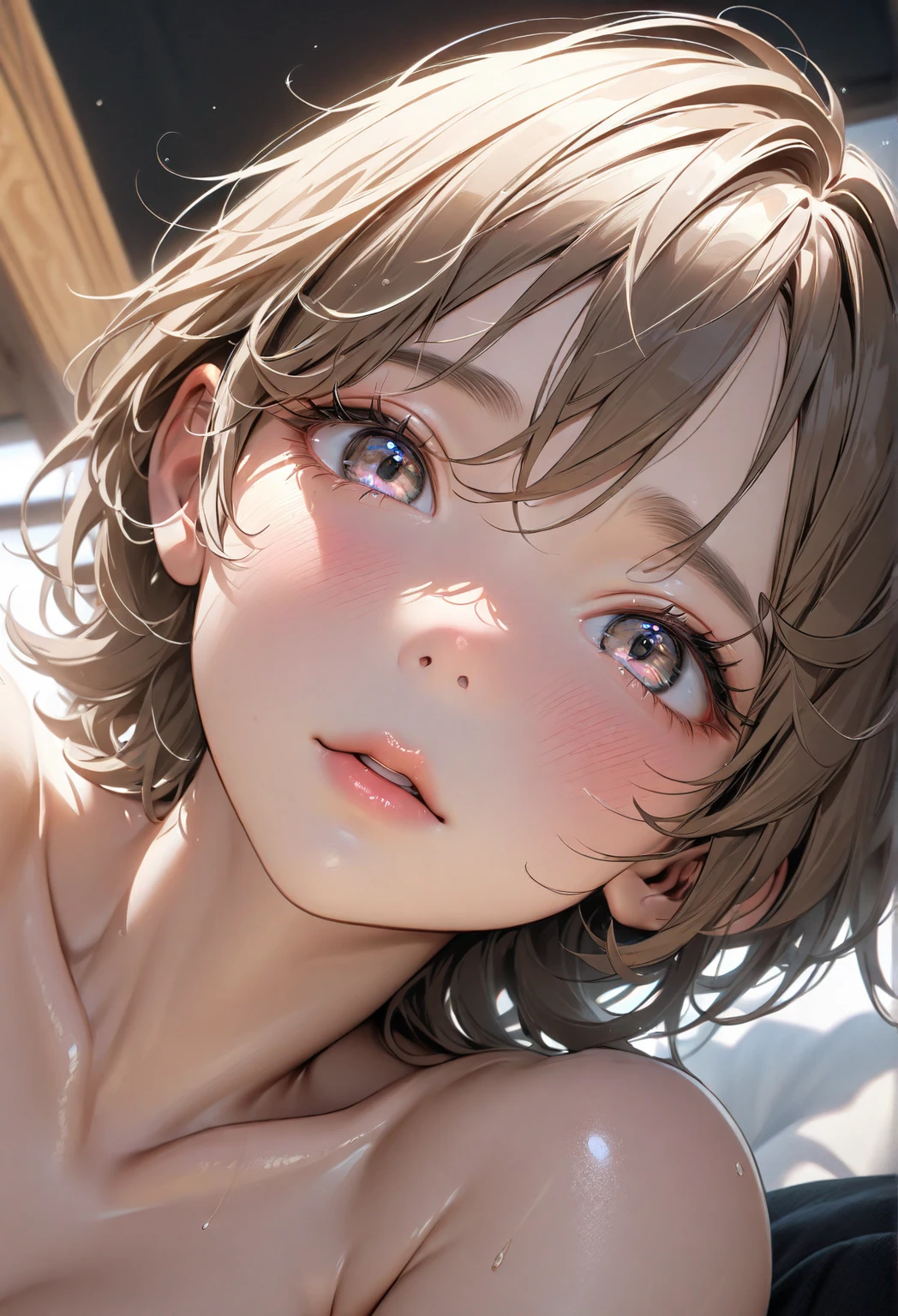 ((complete naked)), half body shot, 18 years old very cute Japanese woman, nipple, , blush, embarrassed expression, embarrassed face, (8k, RAW photo, best quality, masterpiece:1.2), ultra detailed, ultra high res, (realistic, photo realistic:1.37), high detail RAW color photo, professional photograph, depth of field, an extremely delicate and beautiful, extremely detailed, Amazing, finely detail, huge file size, official art, extremely detailed face, extremely detailed eyes, extremely detailed skin, extremely detailed fingers, extremely detailed nose, extremely detailed mouth, extremely detailed nipple, extremely detailed , perfect anatomy, extremely detailed clothing, realistic body, fair skin, shiny skin, cute face, baby face, realistic face, beautifully detailed eyes, beautiful and clear eyes, highly detailed background, (nsfw), short hair, brown hair, messy hair, tired hair, blunt bangs, kawaii,