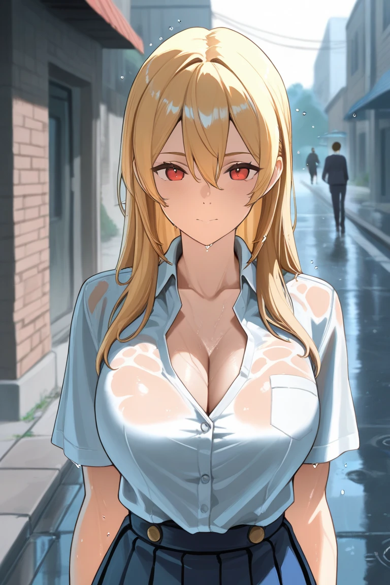 (masterpiece, Highest quality:1.2),(Shiny skin:1.6), Upper Body, Detailed cloth texture, Detailed hair texture, One girl, alone,  girl sexy pose, Long eyelashes, Part your lips, shining pink lips, Red eyes, (The body is slim:1.1), (Beautiful blonde hair:1.2), (Large Breasts:1.3), Floating Hair, (bangs), (school uniform,See-through white shirt:1.2), (Cleavage), (necklace, Earrings), Scared、View your viewers, (Cowboy Shot:1.5), Outdoor、Night Road、Street lamp、Tied to a telephone pole