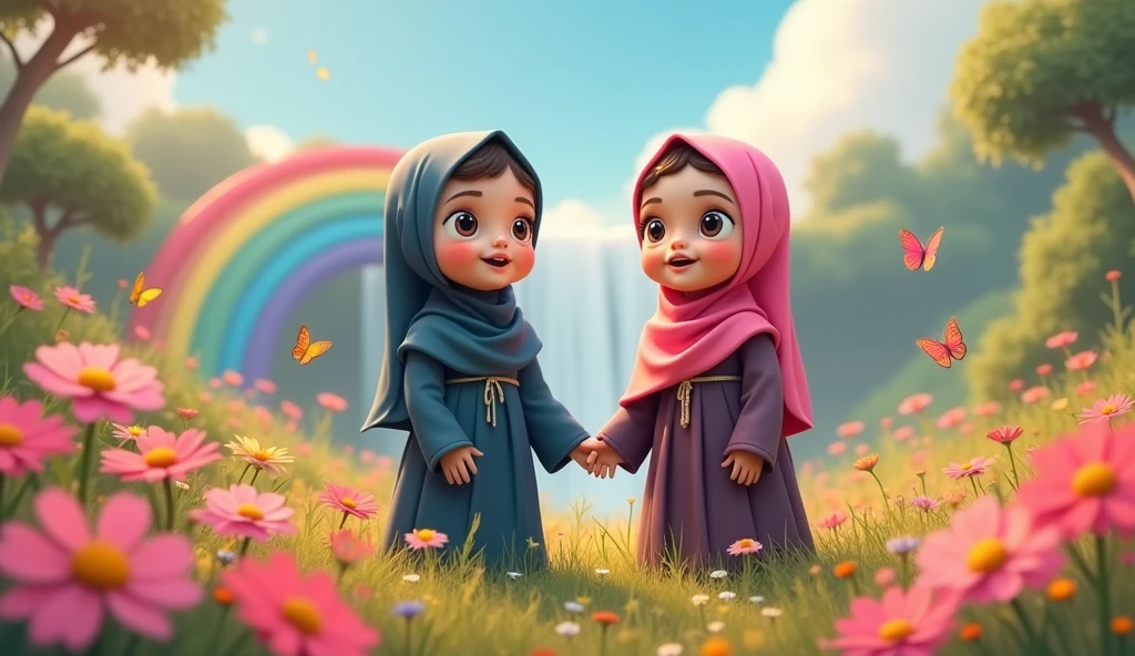 Animated image of an Indonesian girl wearing a Niqab and one in a purple dress 
