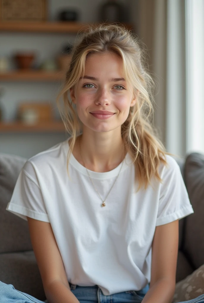 Change to sitting position facing forward. face slightly smile. Hair becomes blonder.