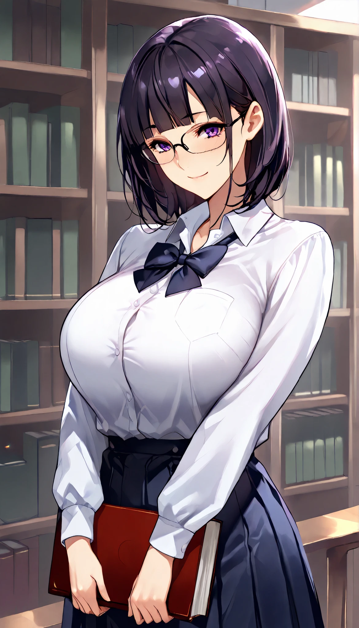 Modern Backgrounds,A female with slim body(older girl),Purple eyes,Wearing Glasses,medium oppai,shiny skin,(Wearing A loose JK skirt),(White school uniform),In The School Library,(Black short hair, blunt bangs),Holding a book,light smile,slightly tilted forward,UHD, SOLO, anatomically correct, masterpiece, textured skin, high details, highres, 1080P, 16k, accurate, Beautiful face, Beautiful Nose, Perfect face, Highly detailed beautiful face and eyes, Attractive face, Detailed face, Delicate facial features, Detailed skin,Cowboy shot