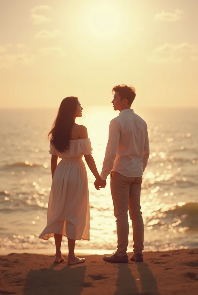 They stood on the deck overlooking the sea and sunshine, with sunset, sunset, With the sunset, couple photos, gorgeous romantic sunset, Cinematic full shots, photo shoot, sunset, Stills, Shot with Canon 5D mk4, happy couple, Elegant cinematic pose