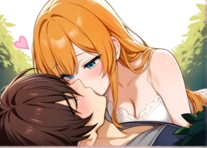 Masterpiece, best quality, :>=, love live style,rin Hoshizora, yellow eyes, orange hair,1girl, breasts, looking_at_viewer, blush, 1boy, navel, ass, hetero, nude, sweat, lying, penis, solo_focus, completely_nude, bed_sheet, pov, erection, oral, fellatio, deepthroat,ass, breasts job,cum