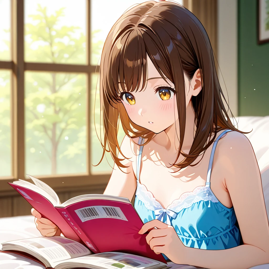 Cozy apartment with plants, Woman reading a book, Cozy bean bag chair, pajamas, Detailed face、night