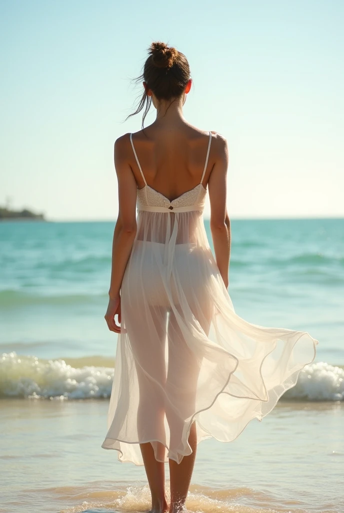 ((Best Quality)), ((Masterpiece)), (detailed), 1 blonde girl, 14 years, perfect face, long legs, little feet, small smile, very transparent dress, flexed, view from behind, tiny transparent sand underware,