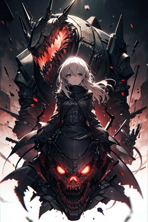 Masterpiece 8k,gorgeous  woman, blondie hair, blue colored eyes, detailded, realisitic, digitl art, octane rendering, trends on artstation, horror themed, science fiction scenario, Mono Lighting, ((red lighting:1.2)), cowboy shot, from sideways, tall stature, (Lord of the night), battle aged, several boys,Damaged helmet, winged helmet, skull ornament, SPIKE ORNAMENT, missilesdura esfarrapada, Full Armor, Shoulder Coat, (bone ornament:1.2), helmet removed, bloodstains, Flame, ((glowing claws:1.2)), claw (missiles), missilesdura adornada com decepados_ten mens_hand, ten mens_skull, tattered pelvic curtain, chains, industrial city background, shooting up, fighting, duel, battle, army, holding dismembered ten mens body part, grim reaper, dead bodies, carcass, bloodstainsy face, karo, (darkness background, night time, Meia-noite, diffuse light:1.2)