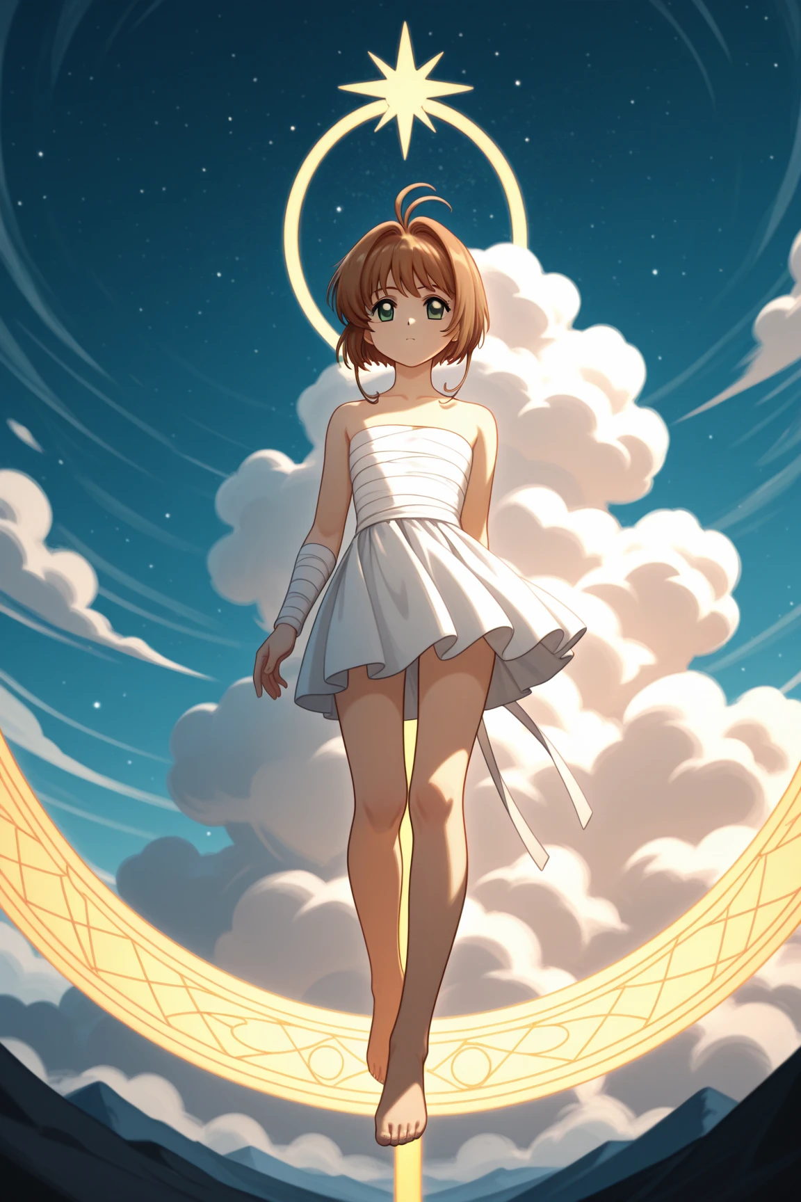 Illustration, detailed illustration, dynamic angle, ultra detailed, best quality, 1girl, 30 year old woman, beautiful, short brown hair, big brown eyes, light freckles, ball gown, dancing, in space