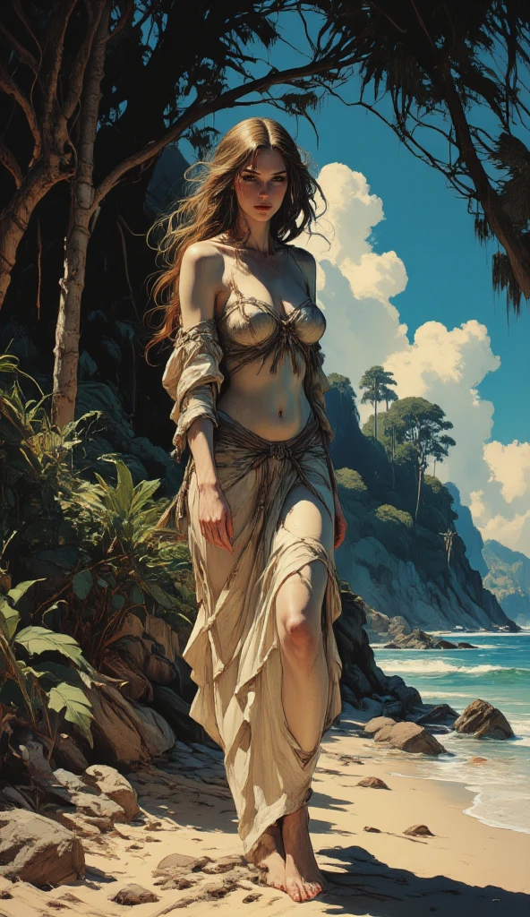 alone in the universe, in watercolor style, Photorealism, discreet golden and ruby and mint shades, (nude) gentle modest thin girl 16 years old (with a very beautiful exquisite face) southern type with short dark hair with beautiful breasts with tender nipples (barefoot) in a long burgundy skirt walking in the distance (Across the desert), stunted little plants, drought, precious jewelry on the neck and chest and on the wrists, precious bracelets, ankle bracelets