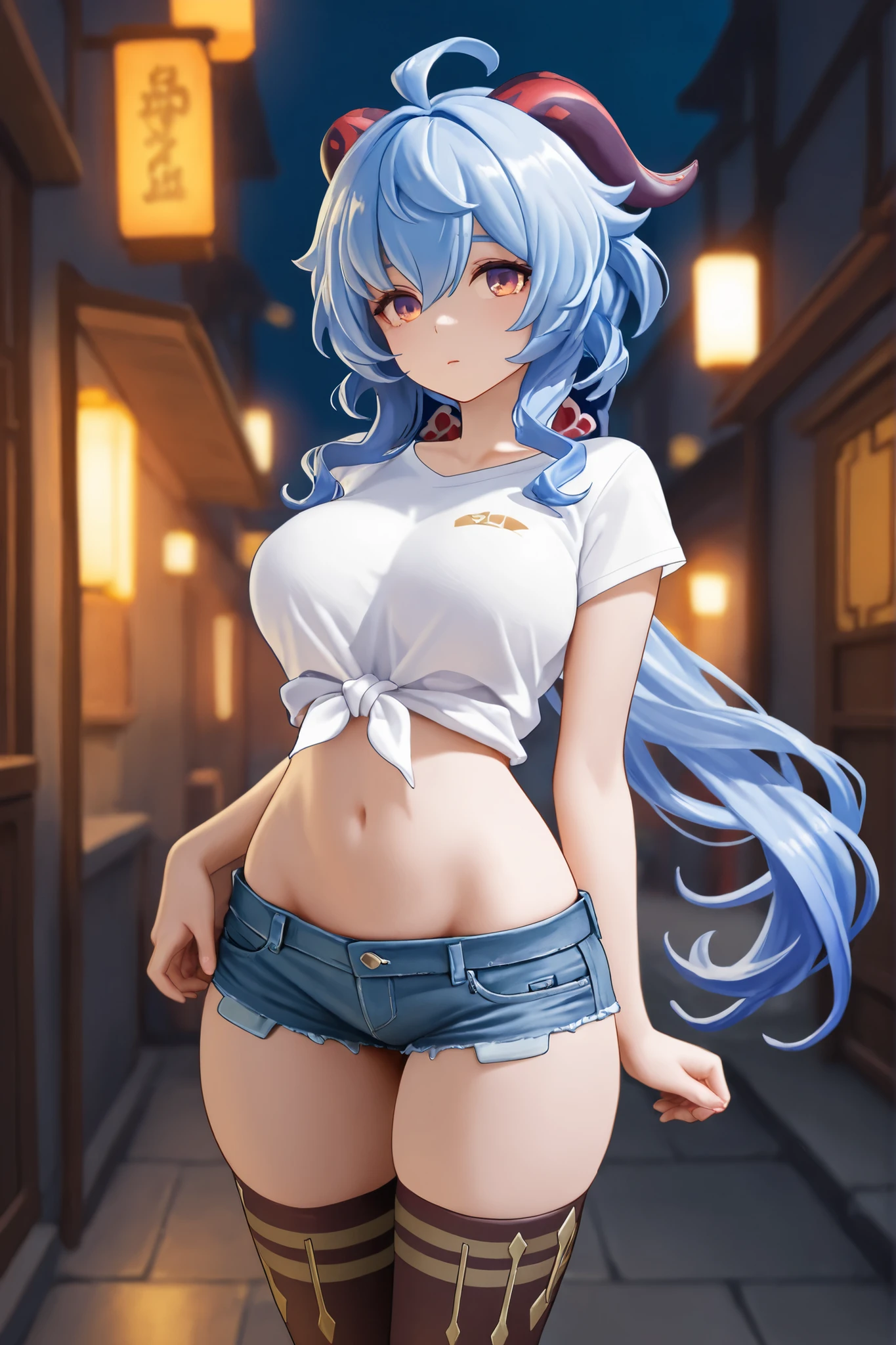 Masterpiece, high quality, 8k, ultra detail, ((kamisatoayakarnd)) standing, night,outdoors, (crop top), navel, (shorts), (off shoulders:1), choker, smile, armpit, (large breast), (nude arm)