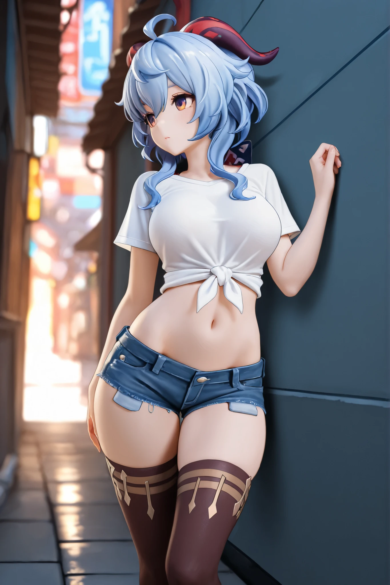 (Best quality,Unbeatable masterpiece:1.4),Ultra-detailed CG 4K,Gilet blanc,White slit shorts,Huge cleavage,Nipple presentation,Long white hair,AS-Adult,hair covering one eye,smooth thigh,standing with legs apart,Nipple presentation,navel,Lower breast,Breasts enlarged,Stand a word horse