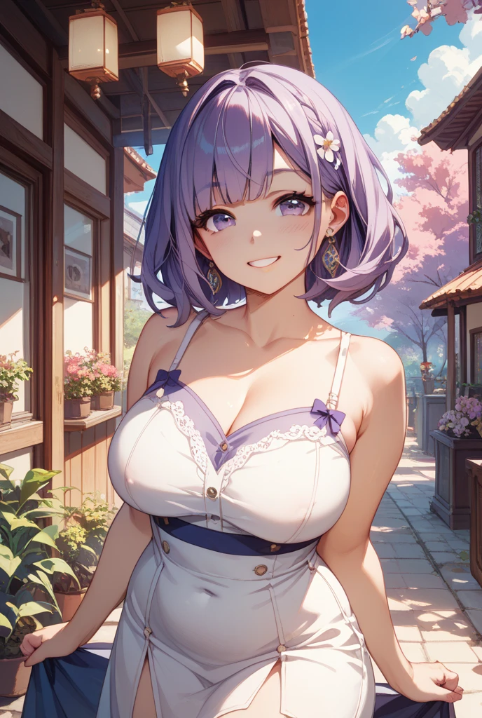 Highest quality、High resolution、Detailed Background、(Beautiful face in every detail:1.4)、Anatomically correct、(Normal number of fingers:1.2)、(Highly detailed face:1.2)、(Detailed eyes:1.2)、Beautiful women in their 20s、(Huge breasts:1.2)、Perfect body line、Light color hair、Bobcut、Wavy Hairstyle、well-groomed eyebrows、Calm and elegant look、Mysterious atmosphere、Dreamy atmosphere、Do cute thingodel pose、

(A beautiful model with a popular spot in the background:1.5)、

cutout dress、The hollowed-out design lets you show off healthy skin.、It&#39;s popular because it gives a casual look.、Balloon dress、Balloon shapes are definitely trendy for dresses、Just having a bulge somewhere can make your outfit look much more stylish.、Tulle dress、A tulle dress that lets you enjoy the sweetness of the season、Sports dress、Lined and jersey-style sporty-looking items are popular、Shoulder frill dress、A voluminous frilly dress、

The vast lavender fields of Furano、Shooting in a sea of purple lavender、Lake Kawaguchi with a view of Mt. Fuji、Lakeside walks and piers、Shooting on a promenade、Arashiyama bamboo forest and Togetsukyo Bridge、Walking trail along the valley、Lush mountain scenery、The best view point at Cape Zanpa is the blue sky and sea in the background.、Shooting at sunset time creates a fantastic atmosphere.、very beautiful