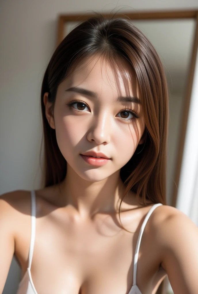 masutepiece, Photorealsitic, Best Quality, intricate and delicate, 8k wallpaper, top-quality, masterpiece, realisitic, ultra-detailliert, 1人の女性, smil, Looking at the camera, Tangerine V Neck Dress, Focus on the face