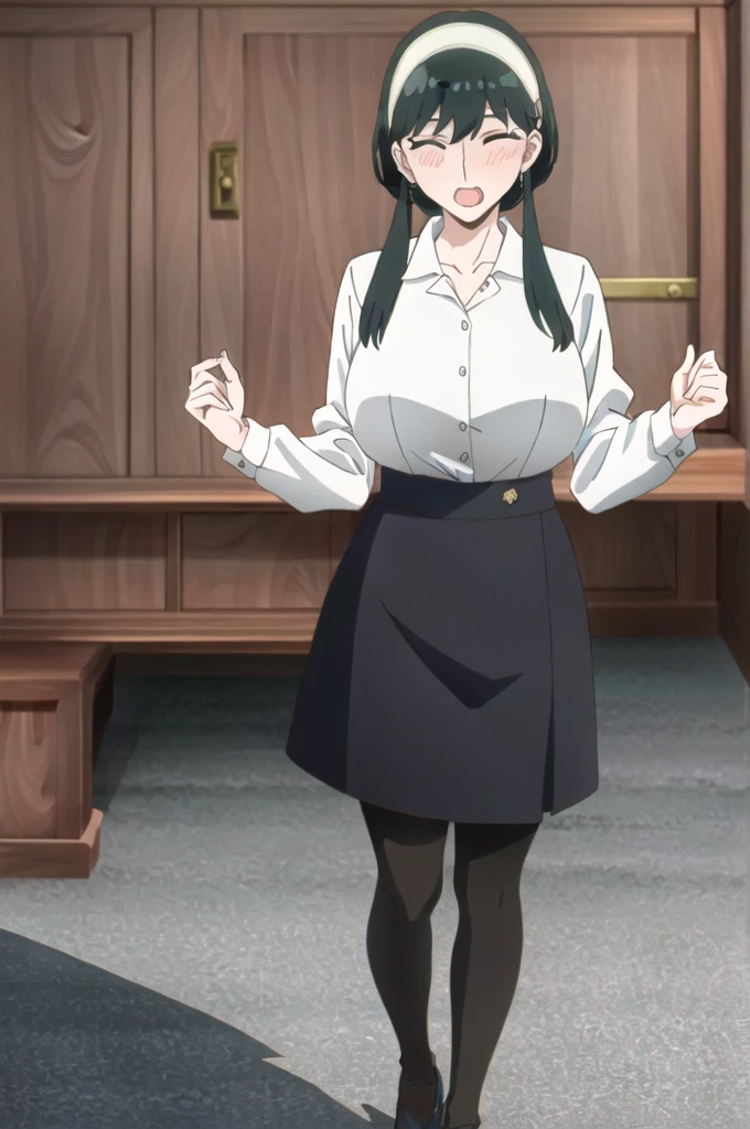 (masterpiece, highest quality: 1.2), alone, 1 girl, alone, panties，，black，Sailor suit，blazer，your heather, smile, Mouth closed, View audience, Long black hair, head band,  Earrings, Big Breasts, Medium Waist, Medium Hips, wide thighs, Embarrassing, charm, smiling with her Mouth closed, Good move..., Excellent ???????,panties，classroom，，Sailor suit，blazer，skirt， (((skirtめくり, I can see your pants)))，