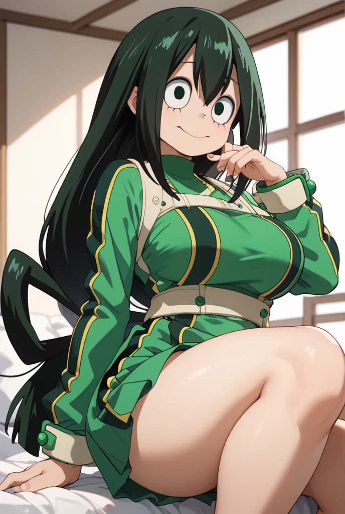 (melhor qualidade:1.3), Tsuyu Asui por boku no hero , (olhando para a vista), peituda, clivagem, sedutora, sexy, body curvy, bunda grande, peitos grande, (lingerie ), (pov: ass) , (pose: crouched)