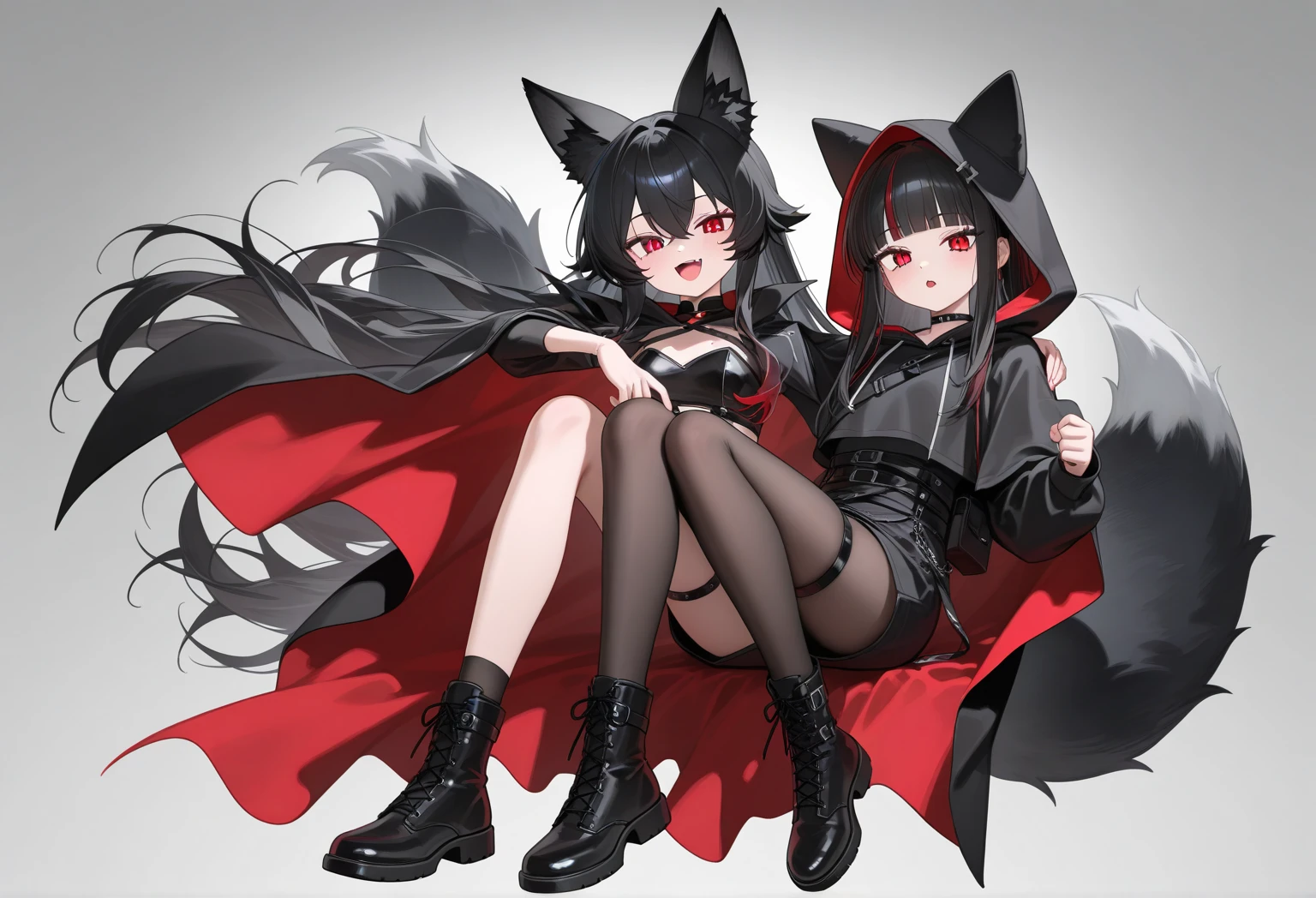 Make a red-eyed loli, who has two chihres on her head, wearing a black open jacket with no blouse with both showing, and a black panties without a skirt
