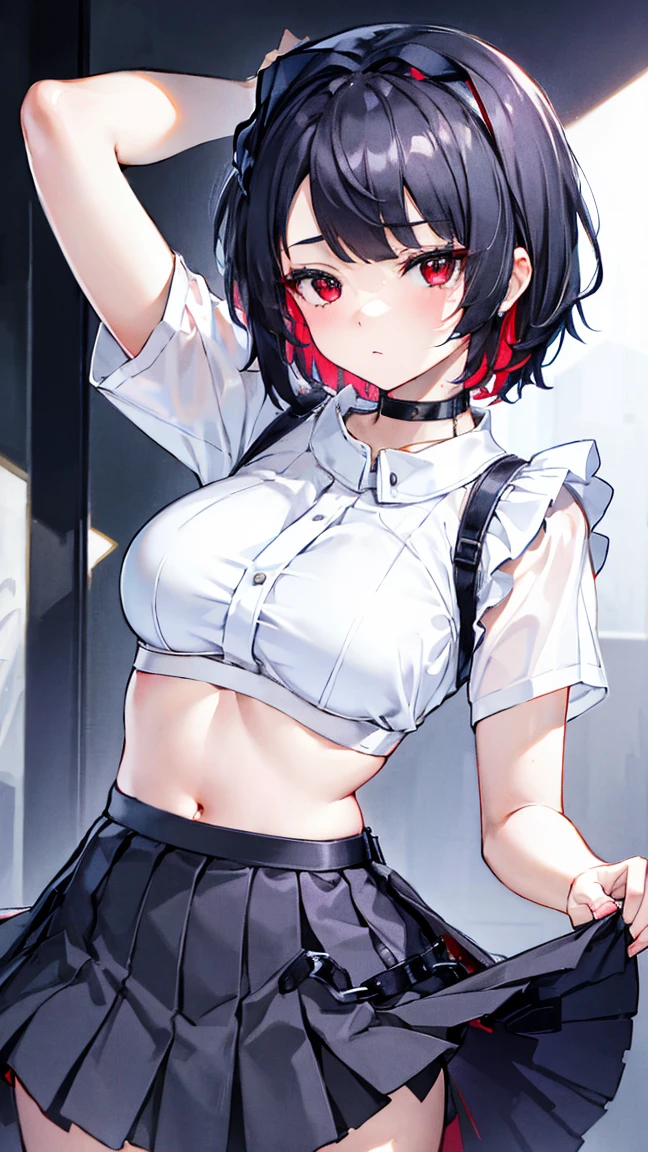 highest quality、masterpiece、Super high resolution、(One Kind-hearted Girl)、((flat chest))、((nipple))、((Cropped tank top))、((Slender))、black haired、black eye、Cute white clothes、See-through、Shares are fully open