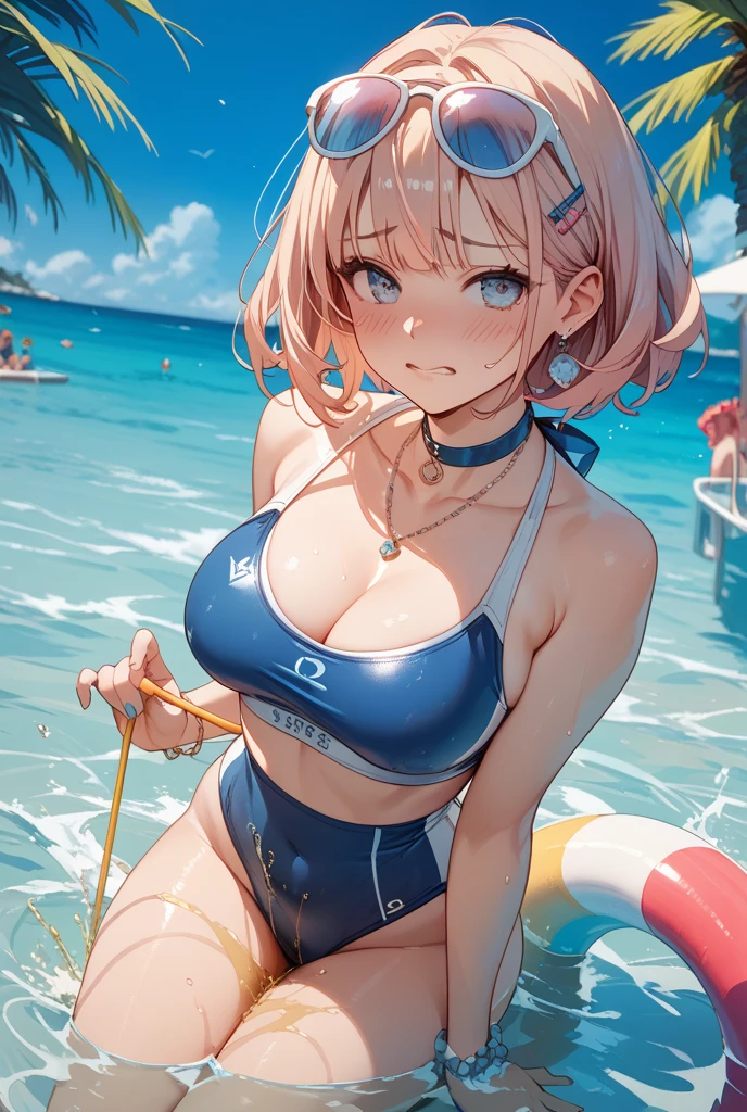 8K ultra-high resolution, Highest quality, Ultra-detailed, Awards, Raw photo, Realistic, Photorealistic, Anatomically correct female beautiful body and limbs, 1 adult female, (hmcanon:1.2), (Pink Hair, Very short hair, Antenna Hair), (yellow hair bow:1.2), Sports Bikiniだけを着ている, armpits, bare hands, Exposed cleavage, Soft Breasts, Puzzled, Embarrassed look, Stick your tongue out, blush, Wet with sweat all over the body, Hollow Eyes, tears, Lie, (Pink and Yellow Sports Bras), (Pink Sports Bikini), (Detailed Sports Bikini), tears, It was scary, Leg spread, Open your knees, Lie on your back on the bed, Tempting, Depth of written boundary,