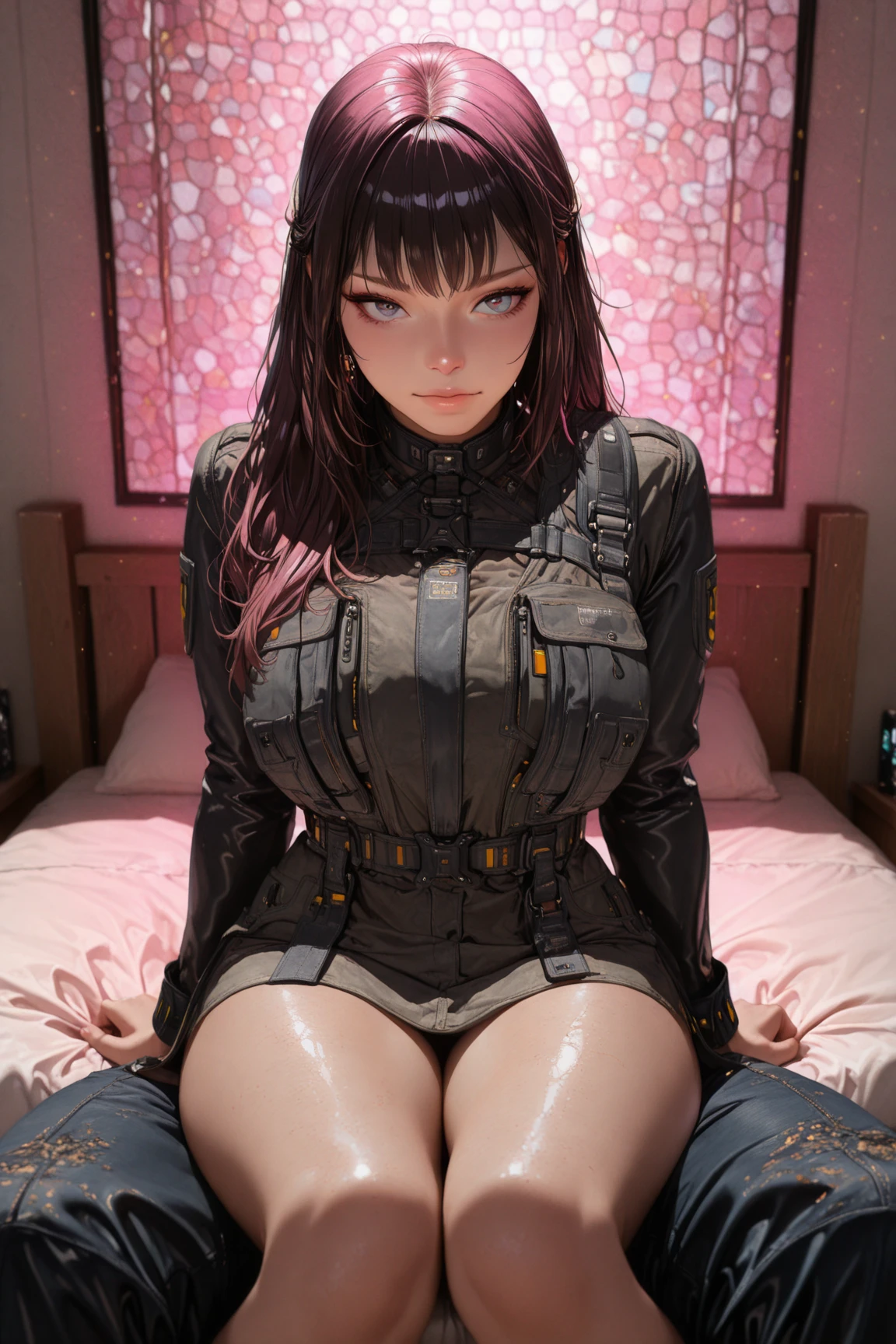 (High-definition images, atmospheric perspective, 8K, Super detailed, Accurate, highest quality, dark brown pupils:1.6), (highest quality:1.4, Add intense highlights to your eyes:1.4, Short, shiny brown hair:1.4), ((bedroom)), cinematic lighting, Shooting from various angles, nsfw, Japanese, ((short hair, black eye)), realistic face, realistic skin, realistic hair, light brown eyes, droopy eyes, eyelash, droopy eyes:1.5,lip gloss:1.4, (droopy eyes, look away), angle from below, (CA Uniform, ID card), customer, thin waist, thin thighs, Realistic Eye Size, belly button, unbuttoned shirt, Jacket, black pubic hair, beautiful breasts, areola, beautiful nipples, open your mouth wide, sex, blowjob, lingerie, open your legs, back, dildo, masturbation, pleasure, orgasm, hentai, ahegao, penis, blowjob, semen, squirt, ((Cyberpunk android warrior, highly detailed, neon-lit city background, intricate mechanical design, glowing blue energy, dramatic lighting)), Ahegao, blush, sexy, sex from behind, looking back, vaginal object insertion,