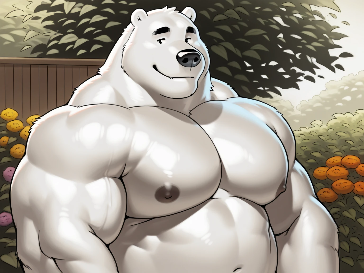 Solo, 1boy, huge muscular, snow, long beards, old man, (furry polar bear), shirtless, topless, competitive breifs, bulge, white bear, polar bear, snowy woods, body posing