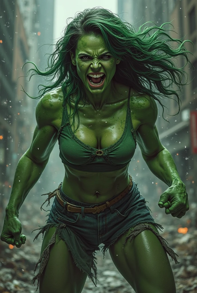 a beautiful woman (((Olive-green complexion all over his body))) Jennifer Walters aka She-Hulk in a sports top and ripped jeans because of her huge muscles on her knees screaming exhausted after an extensive battle in a rainy apocalyptic city cars and buildings on fire blood around her strong and bloody images (((Green complexion all over the body))) 