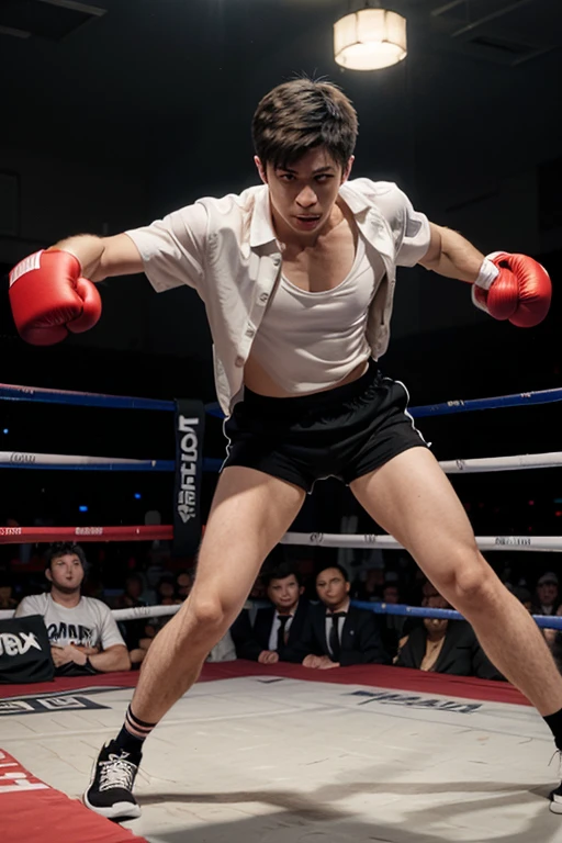 Boxer punching with his right hand while his left hand is guarding. He has a strong, muscular build.。
 Wearing white bandages。A middle school student with ripped abs wearing boxing bandages on top of the boxing ring.