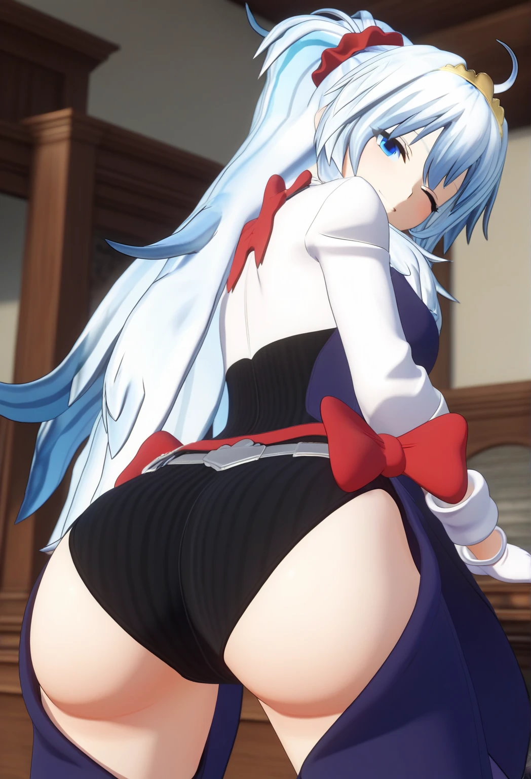 (masterpiece, best quality, very aesthetic, ultra detailed), intricate details, 1girl, fenrys, wolf girl, longhair, large breasts, choker, collarbone, white dress, cleavage, bare shoulders, indoors, smile, facing away, bent over, upskirt butt, from behind, butt focus, wolf tail, tiny thong panties