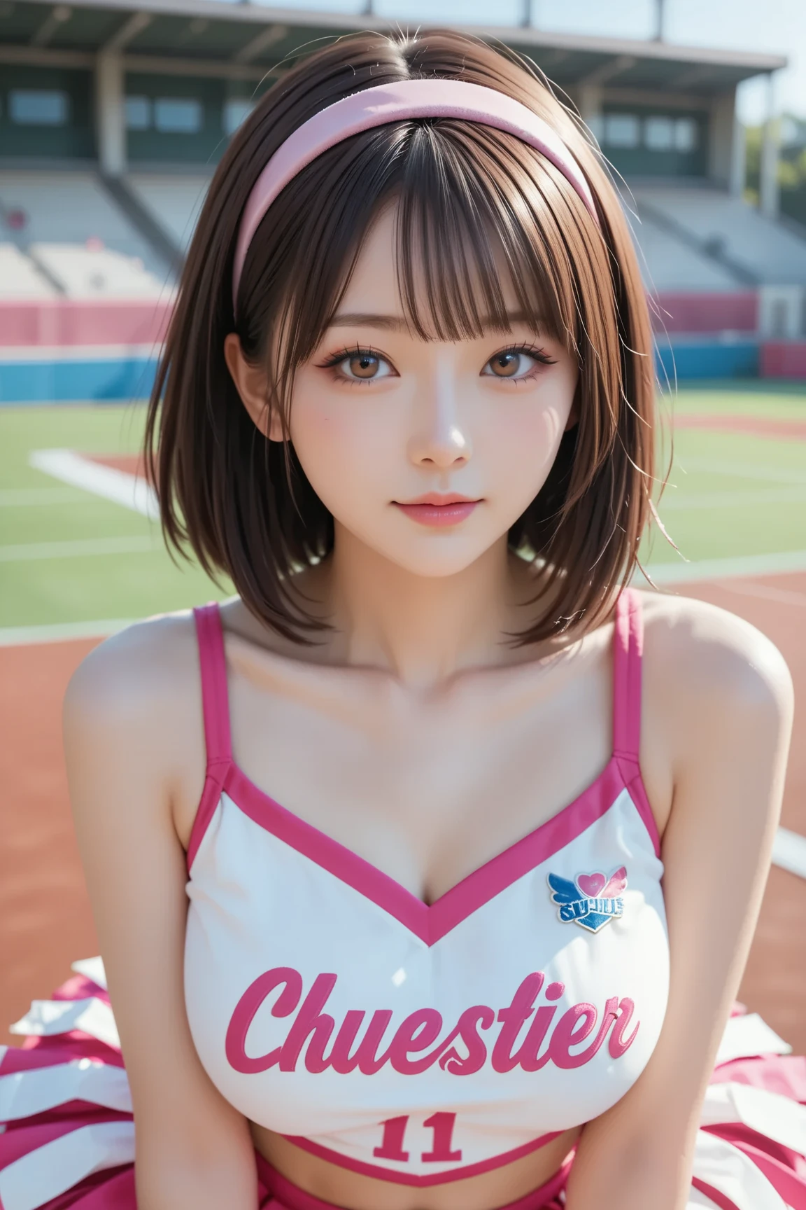 (upper body:1.3), breast focus, masterpiece, 1 Beautiful girl, Fine grain, highest quality, Ultra High resolution, (reality: 1.4), Cinema Lighting, Beautiful Skin, (Ultra-realistic), (High resolution), (8k), (Very detailed), ( Best illustrations), Pouting slightly,  (Crystal colorful lights), Extremely refined and beautiful, beautiful detailed eyes, Round eyes, detailed facial features, (Round pupils:1.4), (alluring face), smile:1.3, Glistening Lips, Smile, Beautiful girl, (medium breasts:1.3), A shallow smile, Open lips, (Beautiful and detailed face, Beautiful and delicate eyes), pink cheek, mascara, brown hair, short hair,  (wearing a volleyball ware:1.3), Volleyball court, arms behind head, (navel exposed:1.3),