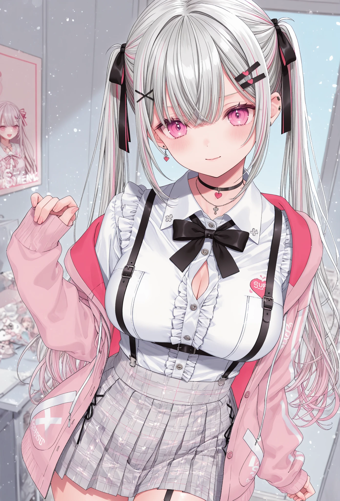 (8K、Top image quality、top-quality、masterpiece)、A detailed face、1 girl in、Dark silver hair、bob cut、pink inner hair、Pink eyes、piercings、evil smile、Moderately breasts、white shirt、((Removed button))、cleavage、Black pleated skirt、((white and black striped panties))、((skirt lift))、Back alley background at night