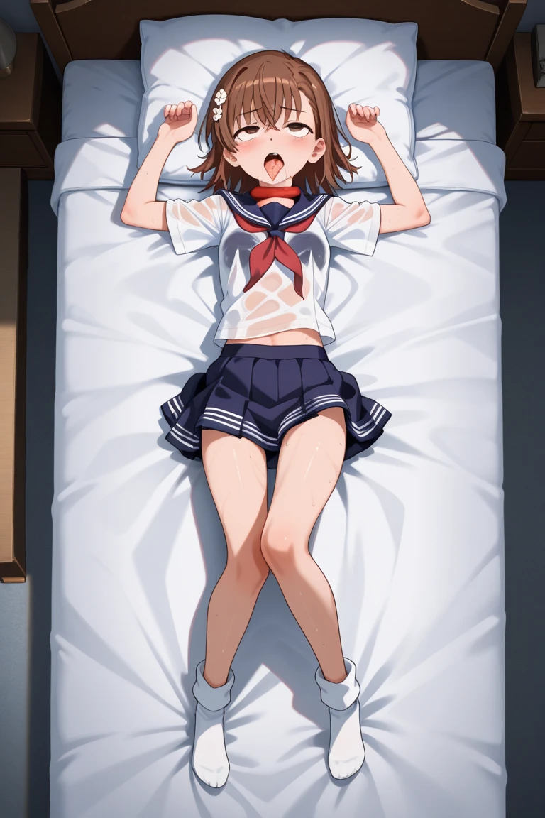 (((Pixel Perfect, Perfect detail))), chisato nishikigi, alone, 1 girl, Check it out, Looking at the audience, (Lying in bed:1.3) ,mini skirt, (Showing panties:1.3), Embarrassing, whole body