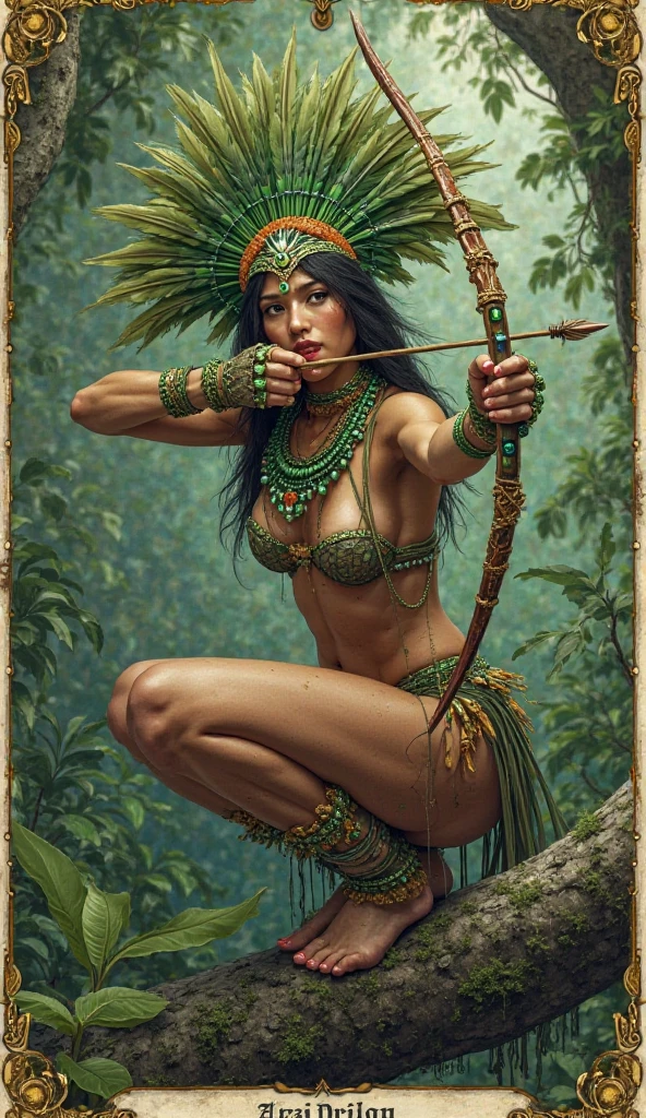 (hiperrealistic, high quality, realistic, Ultra realistic, Remarkably high quality, photorealistic:1.5), pelada, nua, corpo pintado, perfect medium nude breasts, nude, naked, 32DD, (((((realistic ravishing Native Brazilian indian 22-year-old female curvy a seductive tribal body paint))))), Sensual, hot photo shoot, sharp focused on, detailed, realistic, high definition, studio lighting, seductive, Attractive, Seductive, Standing facing the viewer with hands to the side, beside outdoors, Forested area, Near grassy area with sunset in the background, recurve bow and arrow quiver, War red paint, her name is Ahote Redfeather Whitecloud, View of bare upper body with body paint, Headdress feather. The determination in her eyes, reminiscent of Noelle Stevenson and Karolina Cummings, reflects her dedication to cultivating a naturally sculpted physique. Standing tall and proud on the sunrise, Amanda Clarke's strong legs, incredibly sexy,