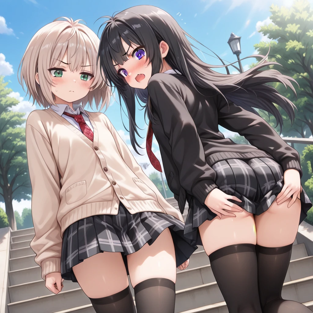 ((2 girls))、(smile:1.5)、(blush:1.4)、shirt、blouse、((fun!!))、Kirarhythm、(Small breasts)、(Blonde)、、(single braid)、(Eye highlights:1.5)、blake black shoes,(黒いskirt)、bow, button, 襟の付いたshirt, Long sleeve, ((red bow tie, , Black jacket, Open jacket, (White cardigan:1.5), 白のshirt, 黒のskirt, チェック柄のskirt、white socks)),, shirtを,, skirt, socks, Thighs, 白い shirt, Rest indoors, ((classroom:1.5))、 BREAK while watching the audience、(skirtを掴む:1.0)、 (Perfect hands, Perfect Anatomy),Cowboy Shot、(skirt lift:1.3), (Pull Panties)、((Shaved pussy:1.5))、(skirt that rolls up:1.3)、(Highly detailed labia fully exposed:1.5)、(Photo from below)、blue eyes