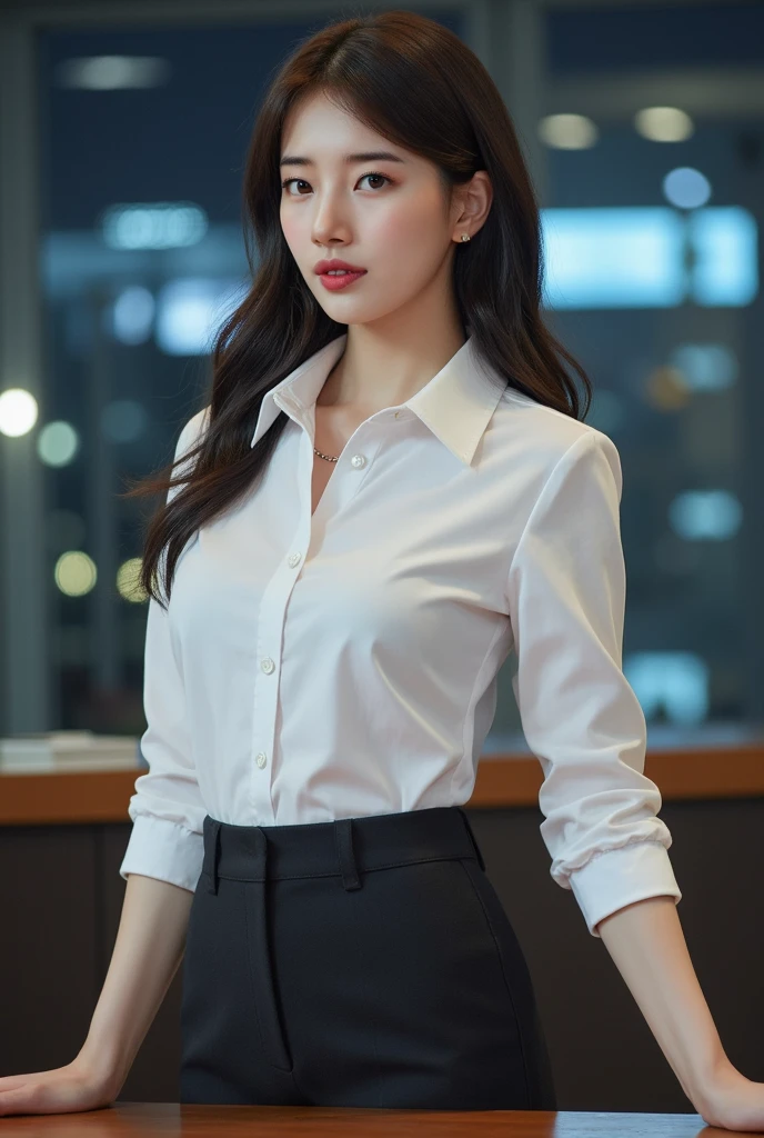 face is :9,1714884241], Elegant upper class elite secretary in business shirt, sit a chair，working in an office、Wearing a strict business suit, (Wear pantyhose)、(Short Layer Hair、Something big is hiding)、crossed legs, Wear high-end heels、 (thighhighs and skirt), Girl in a shirt,, merchant, business clothes,  Wear shirts and skirts, Business attire, business outfit, Raw photo, (8K、top-quality、tmasterpiece:1.2)、(intricate detailes:1.4)、(Photorealsitic:1.4)、octane renderings、Complex 3D rendering ultra detail, Studio Soft Light, Rim Lights, vibrant detail, super detailing, realistic skin textures, Detal Face, Beautiful detail eyes, Very detailed CG Unity 16k wallpaper, Makeup - Makeup, (detailedbackground:1.2), Naked on the thighs!!!,((houseplant))、Bookshelf files.、personal computers、Blue sky outside the window