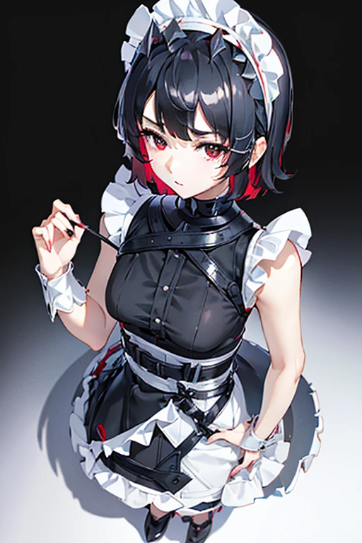 nsfw,High resolution、Close-up of a close-up、ellen joe, black hair, colored inner hair, multicolored hair, (red eyes:1.3), red hair, short hair, two-tone hair,apron, black pantyhose, black shirt, black skirt, ear piercing, fins, fish tail, maid, maid apron, maid headdress, pantyhose, piercing, puffy short sleeves, puffy sleeves, shark girl, shark tail, shirt, short sleeves, skirt, tail, two-tone hair, wrist cuffs, skirtlift,panties shot