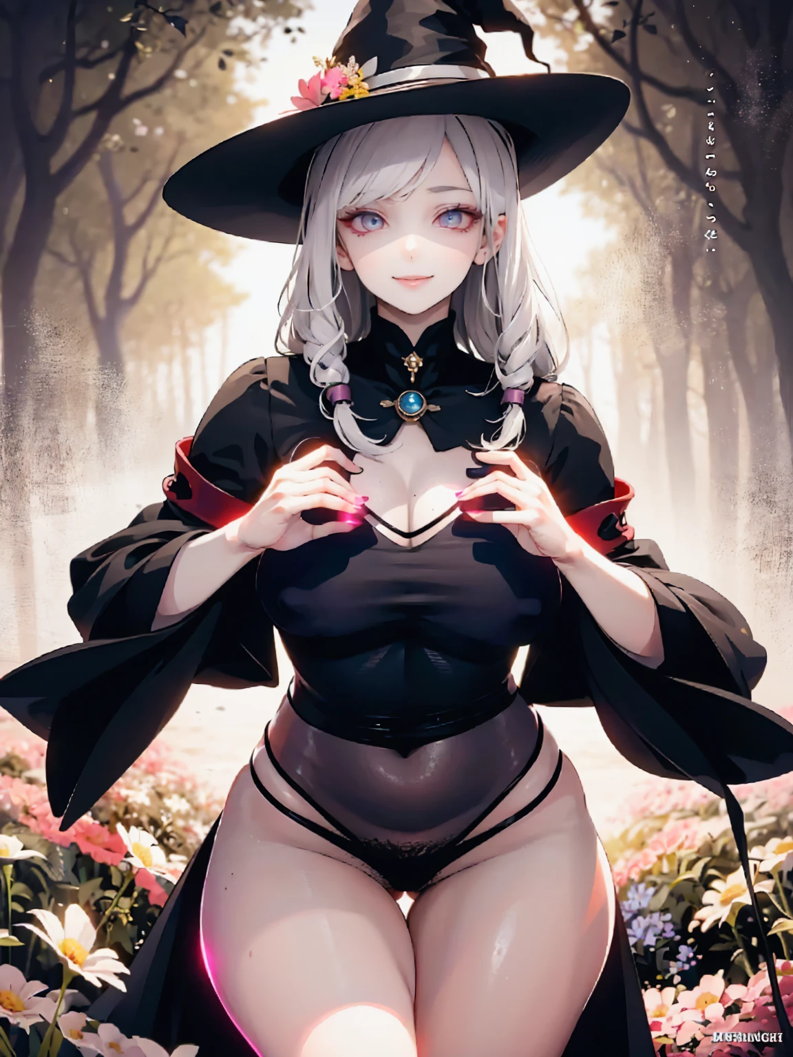 (muste piece), (works of art), (Amazing work), (detailed eyes), (delicate skin), (colorful eyes), (short white hair with bangs), (sparkling eyes), (1 girl) ,(small breasts),skinny legs,With witch's hat, old, old, Wear extravagant medieval clothing, muste piece, best quality, The best Desinger, best illustration,Pissing,Gonzo,full shot,knee socks
