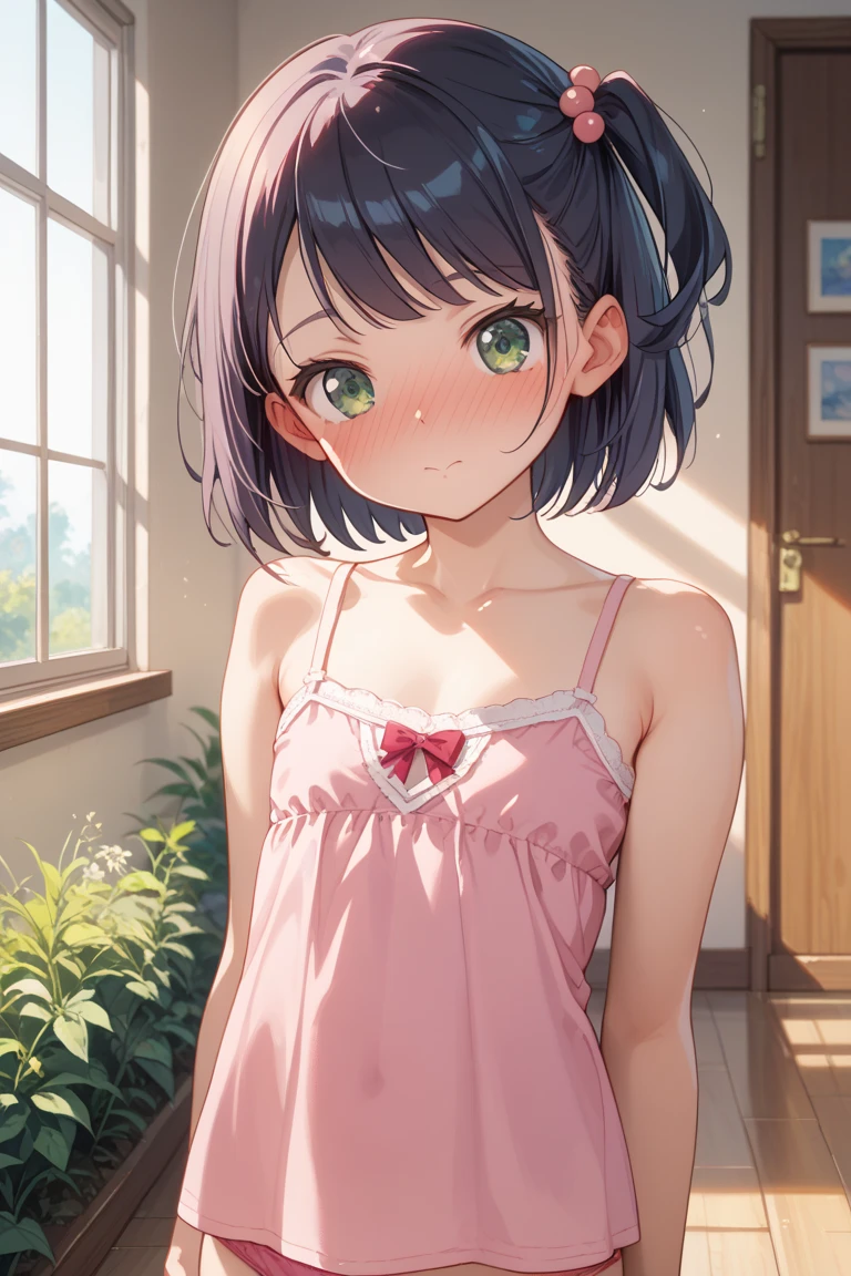 One girl,(((Wearing white cotton  with pink ribbons))),Lift your butt,((ead your legs on the bed and raise your thighs))),big eyes,(((Short hair with pigtails))),((Wearing white knee socks)),Cute clothes,Girl is facing the front,Suite Room,Excited,The chest is a little small,Black brown hair,She is wearing a large pink ribbon tied in a knot,Baby Face,She is looking at me shyly, but her mouth is slightly open as she smiles.,Pink eyes,((Lower both arms, bend both elbows, and bring both hands to your mouth in a fist pose.))