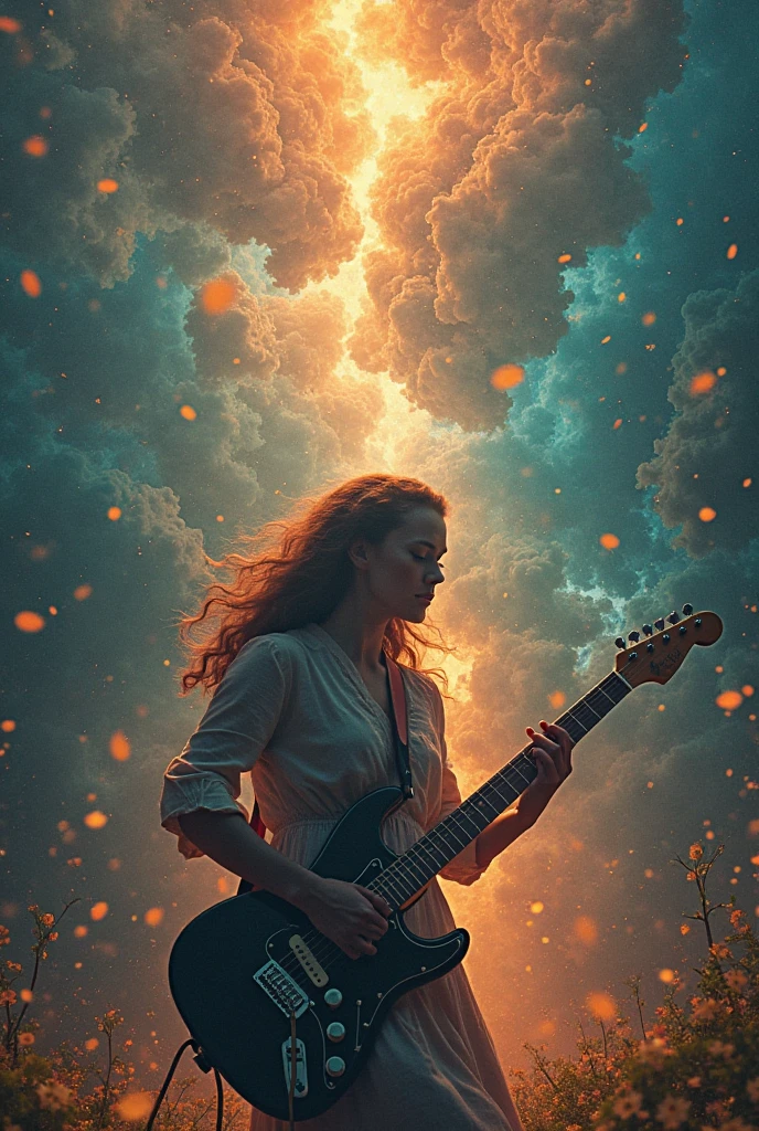night, Parties, On stage, 1 Girl, holding electric guitar, Umbilical cord, clavicle, beach, Starry Sky, fantasy, magic, mystery, Ethereal, sublime atmosphere, dreamlike, Dramatic Lighting, high quality, Octane Rendering, Epic scene,