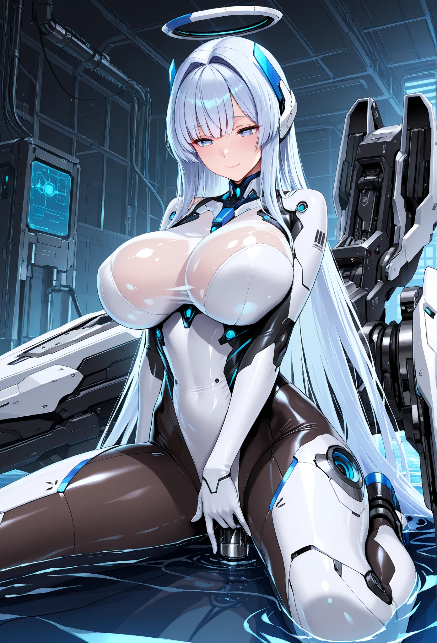 (Sit on one knee on the machine:1.6)、(Full body description:1.3)、((Shining lenses on both breasts:1.3))、((Blue pillars of light are emanating from both chests.:1.3))、smile、((8K)), ((32k)), ((Highest quality)), ((masterpiece)), ((超A high resolution)), ((Tmasterpiece)), ((Halation:1.4))、((Mechaニカルheadgear:1.2))、((Cyber Headphones:1.3))、Fine skin, High quality fabric, Fine metal texture、((Beautiful and dense face))、RAW Photos、Professional, Ultra-fine painting, ((alone)), Beautiful breasts、Highest quality, Very detailed, Very detailed詳細, Finer details, so beautiful, ((Princess Knight Robot:1.2)), (Joints of machines, Mechanical Limbs:1.3), (The internal structure of the machine is exposed:1.3), (Long silver hair:1.1), (Beautiful and huge mechanical breasts)、White Veil, cowboy_shot, Side Focus, headgear, Shiny、(Five Fingers, Four fingers and thumb),Concept Art, Anime fantasy artwork, Detailed fantasy art, (with pale blue-violet hair and large white wings,,,,,,,), (((Long silver hair))), (Mecha:1.6)、Sleek and intimidating design, ((Commander-in-Chief'arm)), (Perfect robot body)、純白と青紫armまたは, Symmetrical wings, 8K high quality, detailed art, 3D rendering of character art in 8K, neat legs, Defined, Defined fingers,