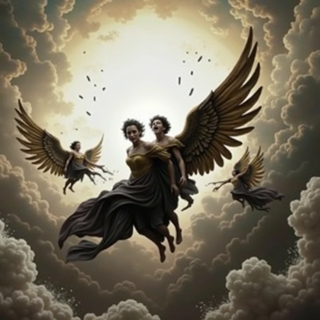 expressive caravaggio painting; many naked womans angels; they fighting each other at sky; from a lower point of view; a lot of detail; realistic; they trying to bring down each one; really beautiful womens from different hair colors; they injuring each others; some wings are damaged; there's blood; and white and dark wings; differente compositions and angles;