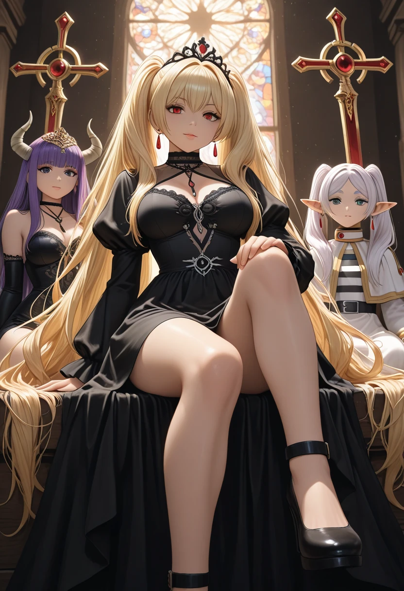 Queen elf woman, wears a short black maid dress, has long messy shaggy blonde hair, It has red eyes, has a big breast.