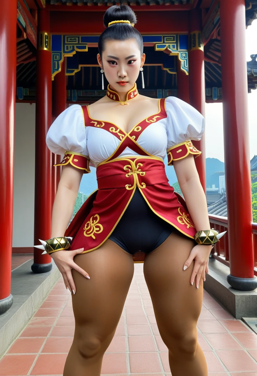 独奏，1 Orcs， Super tall，The temperament of a queen，tmasterpiece，best qualityer，Hyper-detailing，Full body illustration，Fine and detailed eyes and detailed face） garments：There are animal ears，Mature female orcs，cruel grin，There are clothes on the upper body，Wrap the whole body，The lower body is wearing animal skin shorts，Pantyhose， Show stockings，allure：Tall，Plump body，Wide buttock，Large，Strong，There are muscles，Very high，Go ahead，（big assa：1.3），（thick thight：1.3），Taller than a tree，Clouduilding, red clothes
