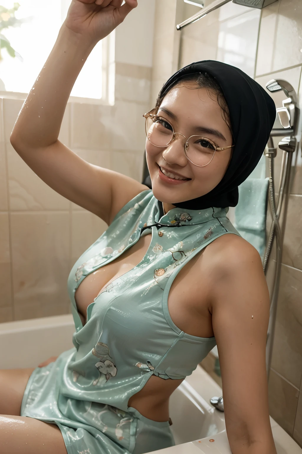 Professional, High level of detail, close up photo (attractive mature 45yo woman:1.3),ray tracing, natural lighting, (blushing:1.1 ), (classy, elegant, dandy)1.2, (batik colour), (((round breast))), ( breast covered) perfect face, (((medium breast,))), batik long satin dress, necklace, (((glasses, covered, long veil))), Slim Face,(mature) , Pretty Lady,  smile eyes, (big breast covered) , see full image, bracelet, (squatting in kitchen)