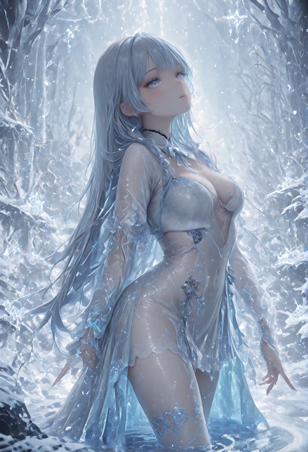 cheered up, young woman, Alone, wide, by white, (Blue eyes), model, beautiful, medium breasts, Half-length portrait, Fancy, ((ice background)), breasts covered by the dress.
