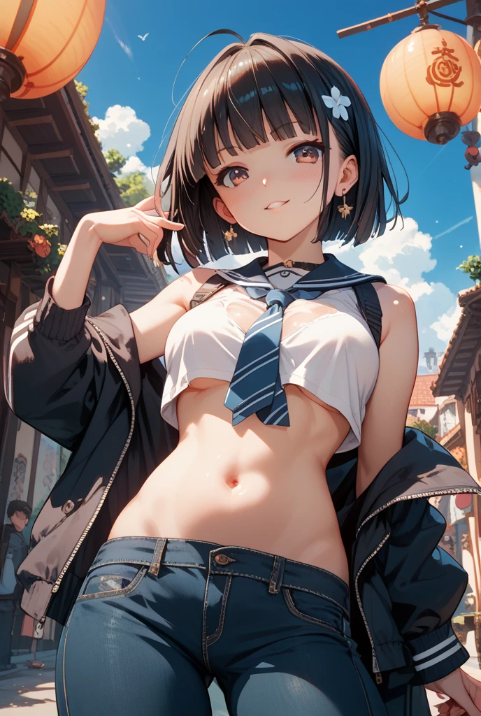 Highest quality , High resolution , Detailed CG , short hair , Navy blue sailor suit , Navy Blue Skirt , Modest chest , Black Hair , thumb、index finger、Middle finger、ring finger、Optimal ratio of the little finger , Two limbs , Optimal ratio , Embarrassed expression , Burning cheeks , In town , Narrow alley at night , Nipples are visible , touching one's own breasts with one's own hands , facial expression during orgasm