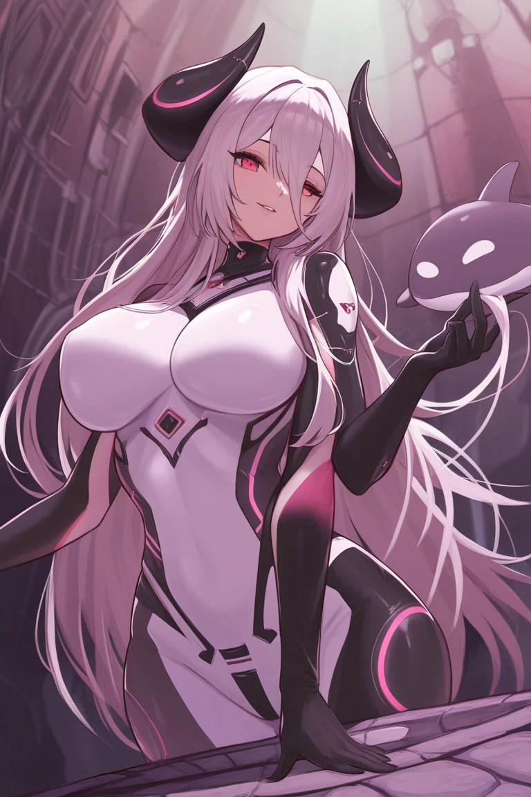 bunny girl, solo, white lab coat, grey eyes, long white hair, bushy ponytail, bushy bangs, full body, standing, full body shot, looking at viewer, shy smile, skindetantion, skindentation on breasts, seductive, huge hips, huge breasts, huge thighs, huge ass, white bunny ears with black tips, dark eye shadow, lab coat buttons straining to contain breasts