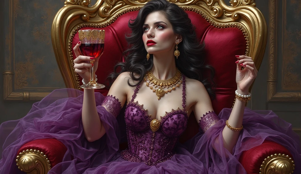 Photo Model of a beautiful female vampire wearing a sexy hot crown holding a red drink while sitting on a luxurious chair. And there is a signboard ridwangrapher