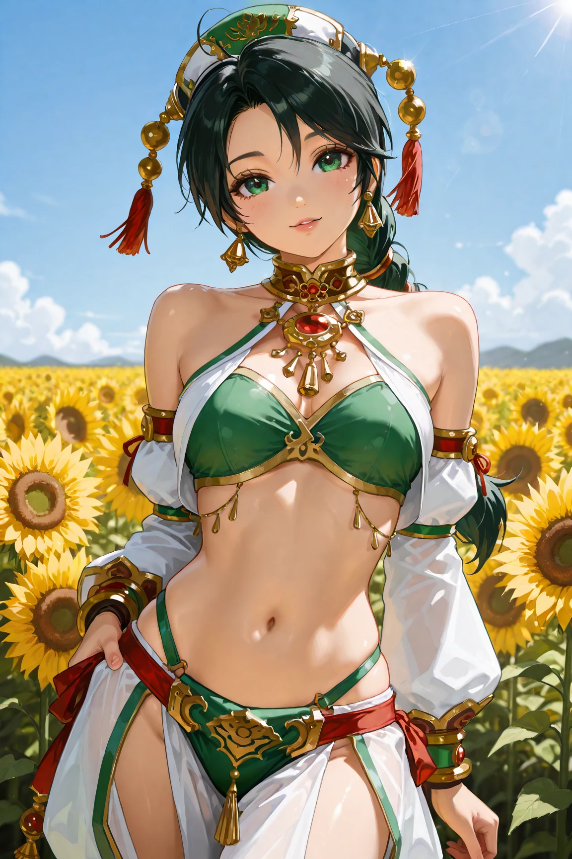 (masterpiece, best quality, photorealistic, ultra-detailed:1.2), 3/4 body portrait, a paddy elemental goddess, bestowing fertility all year round, mythical, body made of earth and paddy plants, perfect body, huge breasts, wide hips, gorgeous eyes, full lips, kind smile, paddy plant ornaments, standing pose, paddy field background, golden hour, perfect illustration, anime realism, pbr, hdr, 8k, uhd