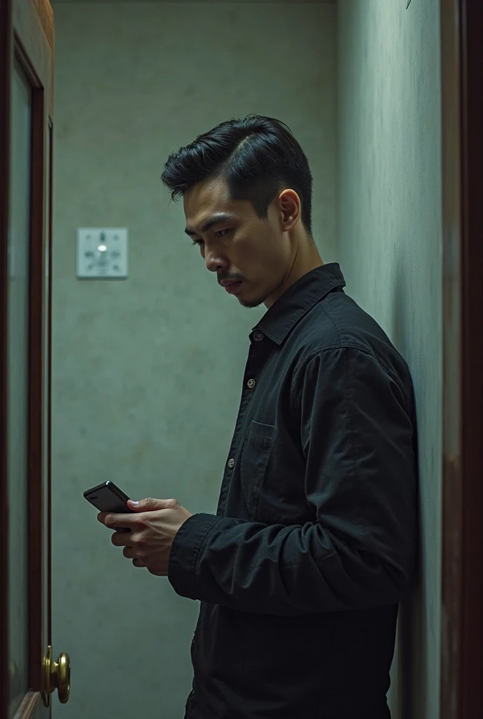 An Java-Indonesian man 29 years old handsome no moustache wear glasses his skin is so white and his body is big muscle receiving a call from a landline in a dark family room only wearing a towel under his body