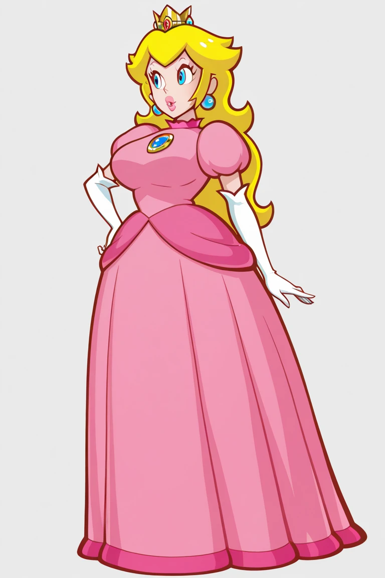 (best quality, masterpiece), (solid outline:1.2), (princess peach), simple background, solo women, full body, Sexy pink dress, long blonde hair, crown, wavy hair, detailed face, smirking, medium breasts, model pose, shoes, Cleavage, face view, ass view, white panties