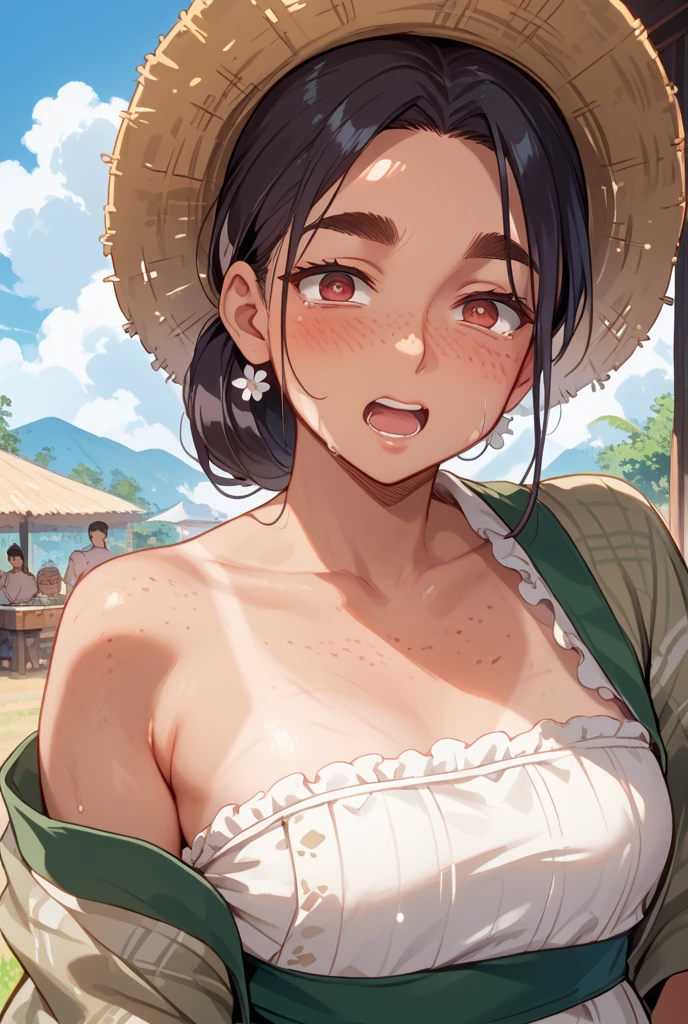 hitenkei style, claude monet style, oil painting, grape farm, vineyard, carrying basket, southern italy, ((???????)), nsfw, masterpiece, summer, 1 girl, ????? nipples, intricately detailed, navel, bare shoulders, brown hair, necklace, head scarf, scenery, extremely detailed, bare breasts, puffy nipples, yellow eyes, bare stomach, soaked, medium breasts, arm strap, teen, soft eyes, smiling, armpit, sweaty, happy, half open eyes, lusty eyes, blushing, tied hair, 1 ear visible, side bangs, sleepy eyes, large nipples, lifeless eyes, tuscany, long white skirt, scenery